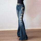 PICSGIRL  -   Y2K Rose Embroidered Trumpet Jeans Women Fashion Aesthetic Slim Flare Pants Vintage Blue 2000s Denim Trousers Spring