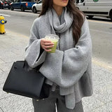 PICSGIRL  -  cold weather outfuts Elegant Loose Sweater With Scarf Women Solid Full Sleeve Single Breasted O-neck Lady Pullover 2024 Fashion Loose Female Knitwear