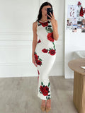 PICSGIRL  -  Elegant Print Contrast Color Long Dress Summer Women's New Slim High Waist Sleeveless Floral Slit Evening Dress Long Dress