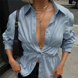 PICSGIRL  -  Elegant Fashion Shirring Button Shirt Women Casual Solid Long Sleeve Lapel Blouses Shirts Spring Slim Tops Tunic Blusas Streetwe