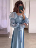 PICSGIRL -  Elegant Chiffon Satin Women Evening Dress 2024 Fashion Square Collar Belt Flare Sleeve Pleated Long Dresses Lady Gentle Skirts