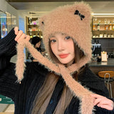 PICSGIRL  -  Winter Fur Hat Cat Women Ears Bow Knitted Beanies with Strap Outdoor Windproof Warm Thickened Bonnet Fashion Ear Protection Caps