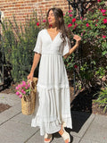 PICSGIRL  -  Embroidered White Lace Maxi Dress Elegant for Women Fashion Spring Summer Boho Beach Style Long Sundress Hollow Out New In