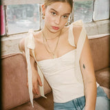 PICSGIRL  -  Summer Woman Bow Lace-up Sexy Tops Sweet Off Shoulder Shirts and Blouses Fashion Sleeveless Elegant Stylish Blusas