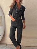 PICSGIRL  -  Women Slim Denim Jumpsuits Long Pants Rompers Springturn Down Collar Loose One Piece Full Sleeve Tight High Waist Overalls