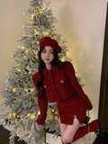 PICSGIRL  -  New Year's Robe Red Skirt Set Autumn/Winter Christmas Dress Up High End Sweet Short Coat Mini Skirt Two Piece Set Women Outfits