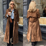 PICSGIRL  -  Vintage Suede Belt Double Breasted Coats Women Casual Turn-down Collar Long Jackets For Woman Solid High Street Outwears Tops