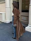 PICSGIRL  -  Female Retro Jacket Elegant Brown Belted Waist Long Coat Double Breasted High Street Autumn Fashion Full Sleeve Outwear