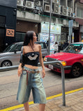 PICSGIRL  -  Knee-long Women Denim Shorts Gradient Blue Wash Cropped Jeans Straight Wide Leg Casual Pants Y2k Vintage Streetwear