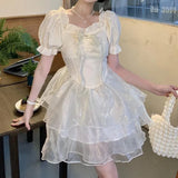 PICSGIRL -  French Bubble Sleeves Princess Skirt Sweet Girl Fluffy Skirt Slimming Dress Bow