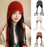 PICSGIRL  -  Winter Handmade Beanies for Women Fashion Tassel Thickened Warm Knitted Pullover Hat Outdoor Ear Protection Strap Woolen Bonnets