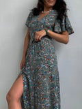 PICSGIRL  -  Fashion French Style Women Summer Flower Printed Dress Elegant V-Neck Lace-up Sundress Short Sleeve Vestidos