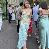 PICSGIRL -  Elegant Floral Print Strapless Maxi Dresses for Women Summer Sleeveless Ruffle Irregular Hem Beach Party Vestidos Streetwear