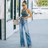 PICSGIRL  -  Women's Flared Jeans Stretch High Waist Fashion Vintage Casual Streetwear Wide Leg Baggy Flare Pants