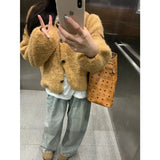 PICSGIRL  -  Solid Yellow Knit Sweater Cardigan Women Autumn Soft Sweet Slouchy Long Sleeve Round Neck Cute Schoolgirl Daily Loose Outerwear