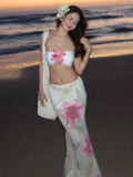 PICSGIRL  -  Vacation Pretty Women Two-Piece Set 3d Flowers Bandeau Mini Top+See Through Print Bottoms Beach Party Matching Suits