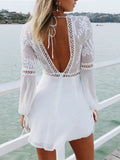 PICSGIRL  -  Long Sleeve Beach Dress Sexy White Backless Lace Dress Summer V-neck Elegant Women Hollow Out Short Dress Lace Up