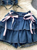 PICSGIRL  -  Y2K Sexy Mini Skirt Denim Tie Cross Bow Bandage Cape+denim Two-piece Zipper Strapless Tube Top Streetwear Set