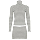 PICSGIRL  -  Striped Mini Skirt Suit Women Turtleneck Long Sleeve Crop Top Low Rise Slim Short Skirt Two Piece Set Hottie Streetwear