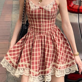 PICSGIRL  -  Vintage Sweet Red Plaid Dress for Women Kawaii Elegant French Style Bow Lace Party Mini Dress Retro Lolita Pleated Dress