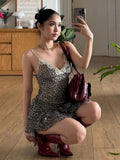 PICSGIRL  -  Sexy Lace Patchwork V Neck Pure Desire Leopard Print Strap Dress With Ruffle Edge Irregular Skirt