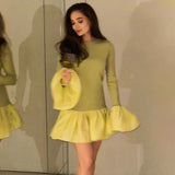 PICSGIRL  -  Knitted Mini Dress Female Long Sleeves Gown Flare Sleeves Spliced Autumn Winter Dress A-Line Sweet Bodycon Women Clothes