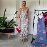 PICSGIRL  -  Dot Printed Sling Long Dress Women Sexy V-neck Sleeveless Backless 3D Flower Female Dresses 2024 Summer Party Holiday Lady Robe