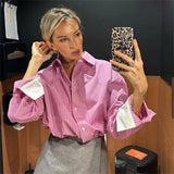 PICSGIRL  -  Women Stripe Print Pink Loose Blouses 2024 New Vintage Turn-down Collar Long Sleeve Shirts Single Breasted Casual Top