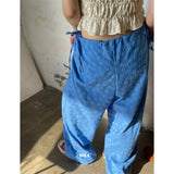 Picsgirl Vintage Korean Retro High Street Three-dimensional Flowers Both Sides Lace Up Low Waist Trousers Streetwear Wide Leg Pants