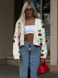 PICSGIRL  -  Sweet 3d Cherry Embroidery Cropped Knitted Cardigan 2024 Autumn Women Elegant Long Sleeve Short Sweater Female Chic Streetwear