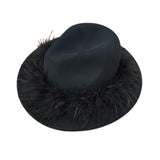 PICSGIRL  -  Black Fedora Hat For Women Men British Style Outdoor Flat Brim Top Hat Female Ostrich Fur Furry Wide Brim Party Cap Lady