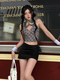 PICSGIRL  -  American Retro Grey Plaid Crop Top Women Streetwear V-neck Halter Y2k Tops Summer Sexy Fashion Backless Tank Top Clothes