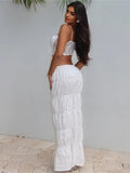 PICSGIRL  -  Fashion Pleated Skirt Two Piece Sets Women Sleeveless Crop Tops And Long Skirt Femme Solid Lace-up Two Piece Sets