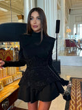 PICSGIRL -  Women Fashion Sequin Black Patchwork Mini Dress O Neck High Waist Long Sleeve A-line Dresses 2024 New Evening Party Vestidos