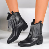 PICSGIRL  -  Wedge Low Heel Crystal Tassel Design Ankle Boots Women Pumps Pointed Toe Leather PU Chunky Heel Chelsea Boots Punk Botas Mujer