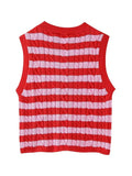 PICSGIRL  -  Summer Casual Striped Print Sleeveless Knitted Elastic Tops Womens O-Neck 2024 Casual Red Slim Pullover Vest