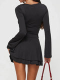 PICSGIRL  -  Black Slim V-Neck Low-Cut Long Sleeve Dresses Sexy Basic Women 2024s New Clothes Tierred Ruched Short Vestido