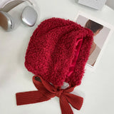 PICSGIRL  -  Lamb Wool Beanies for Women Winter Plush Warm Pullover Hats Thickened Windproof Ear Protection Cap Red Steeple Christmas Bonnets