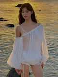 PICSGIRL  -  Off Shoulder See Through Long Sleeve T Shirt Women Sexy Mesh Lace Up Flare Sleeve White Loose Backless Club Hot Girl Top