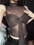 PICSGIRL  -  Y2k Sweater Vest with Bow Half High Collar Jumpers Sexy Slim Sleeveless Knitted Underwear Korean Fashion Autumn Winter