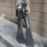 PICSGIRL  -  Fashion Streetwear Side Pockets Cargo Denim Pants Swxy Low Waist Punk Harajuku Women Trousers Y2k Aesthetic Flare Long Bottoms