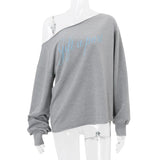 PICSGIRL  -  Letter Print Long Sleeve Skew Collar Loose Casual Irregular T-Shirt Fashion Vintage Tops Autumn Streetwear Sweatshirt