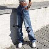 PICSGIRL  -  Women Fashion Harajuku Harem Korean Wide Leg Trousers Casual Ripped Hole Jeans Straight Denim Pants High Waist Streetwear