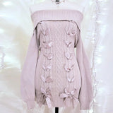 PICSGIRL  -  Cottage Fairy 00s Vintage Knitted Dress Japanese Off Shoulder Pullovers Mini Dress Fairy Y2K Kawaii Tie Up Retro Sweater Dress