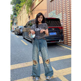 PICSGIRL  -   Blue Women Jeans High Waist Fashion American Hollow Out Design Y2K Worn-out Chic Wide Leg Jean Female Trouser Baggy Denim Pants