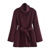 PICSGIRL  -  Elegant Burgundy Belt Stand Collar Jacket Women Fashion Long Sleeve Button Wool Blend Coats Chic High Street Lady Long Outwears