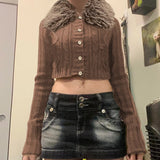 PICSGIRL  -  Y2K Brown Buttons Crop Sweater with Detachable Fur Collar Autumn Vintage 2000s Knitted Cardigan Slim Winter Outfits