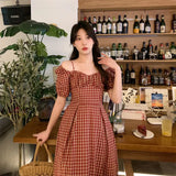 PICSGIRL  -  Summer New Age-reducing French Square Collar Vintage Plaid Dress Luxury Designer Bubble Sleeves Slim Elegant Causal Skirt