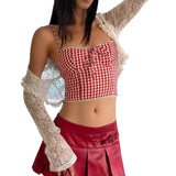 PICSGIRL  -  Hottie Plaid Print Camisole Irregular Edges Bow Midnight Street Sweet Versatile Skinny 2025 Summer Trend Daliy Mini Tops