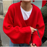 PICSGIRL  -  Loose Casual Red knitted Sweater Female 2024 Fashion Autumn Winter Long Sleeve Pullovers V Neck Splice Women's Solid Top